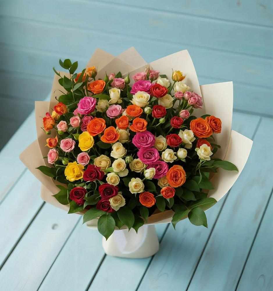 Букет Микс из разноцветных кустовых роз в Фельдмаршальском