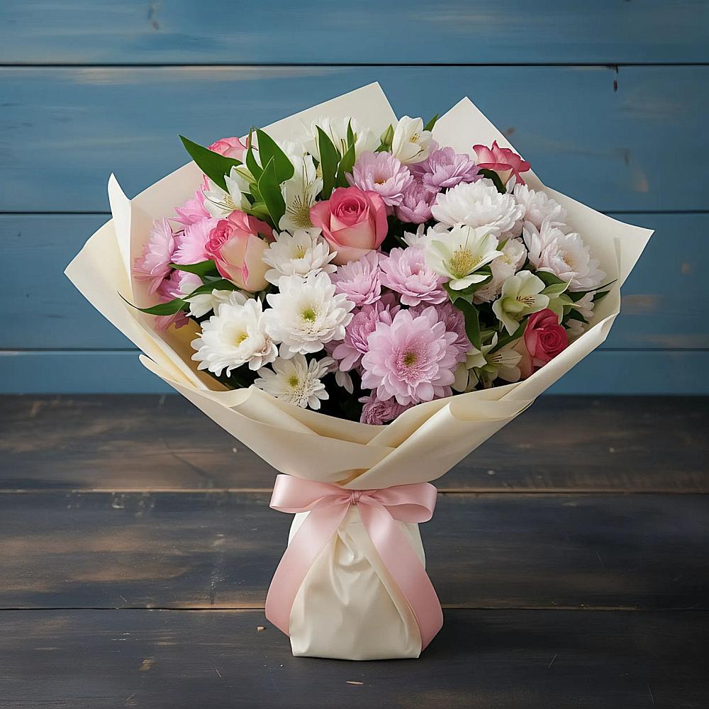 Букет цветов из: Хризантемы, Альстромерии и Розы в Фельдмаршальском